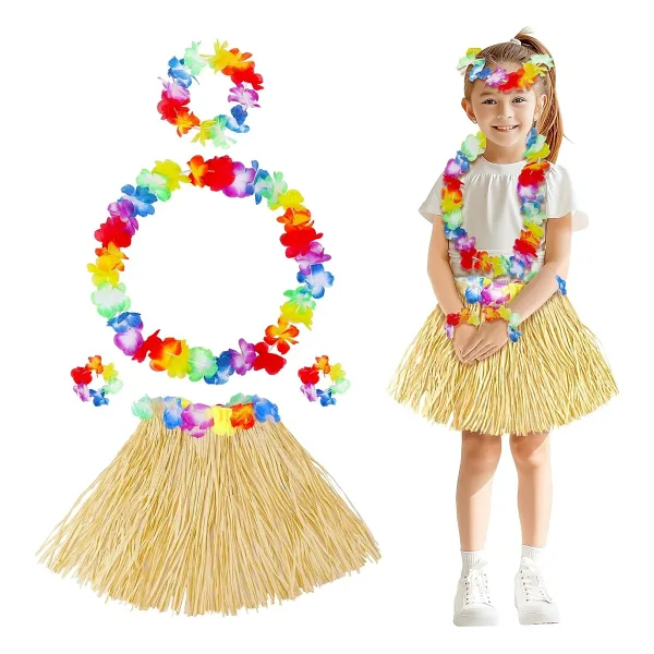 Yetişkin Çocuk Hawaii Parti Seti - 40 Cm Naturel Etek + Çiçek Aksesuarlar (5 Parça)