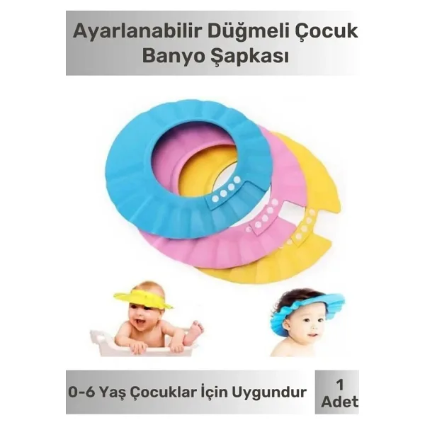 Ayarlanabilir Düğmeli Bebek Duş Başlığı Çocuk Küvet Göze Su Kaçırmayan Unisex 2'li Banyo Şapka Seti