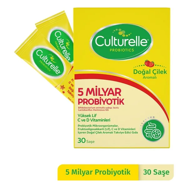 Culturelle Probiyotik 30 Saşe, 5 Milyar Probiyotik, C ve D Vitamini, Yüksek Lif, Doğal Çilek Aromalı, Çocuk ve Yetişkin, Kolay kullanım