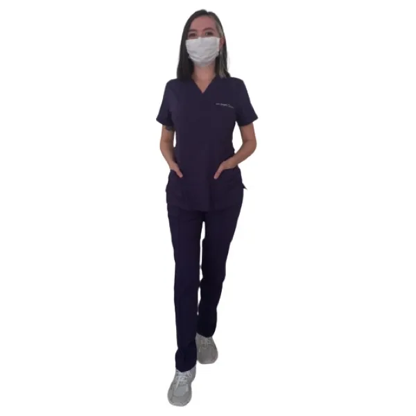 Emel Tekstil Likralı Doktor Hemşire Mürdüm Forma V Yaka Üniforma Takım - 48