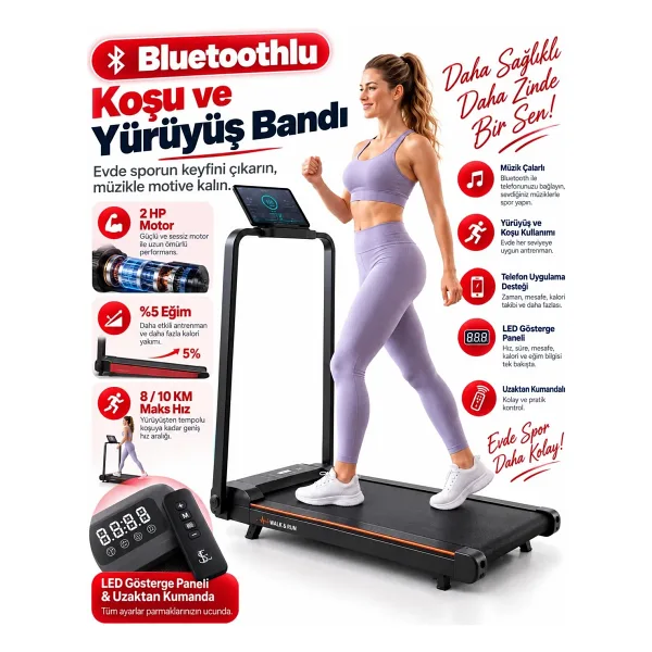 Ensiga Yeni Nesil Bluetoothlu 8/10 Km Hız 2 Hp Motor Kumandalı %5 Eğimli Koşu Bandı Müzik Çalarlı