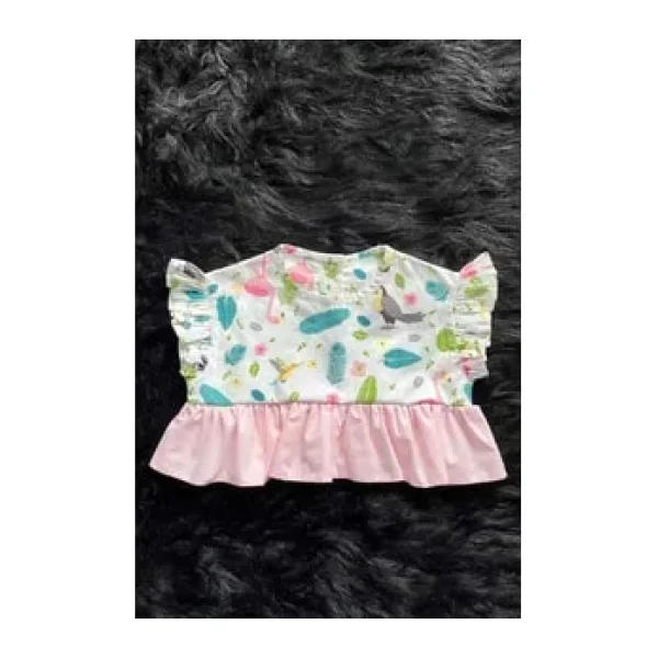 Flamingo Desenli Kız Çocuk Bebek Crop Kısa Renkli Pembe Şeker Bluz