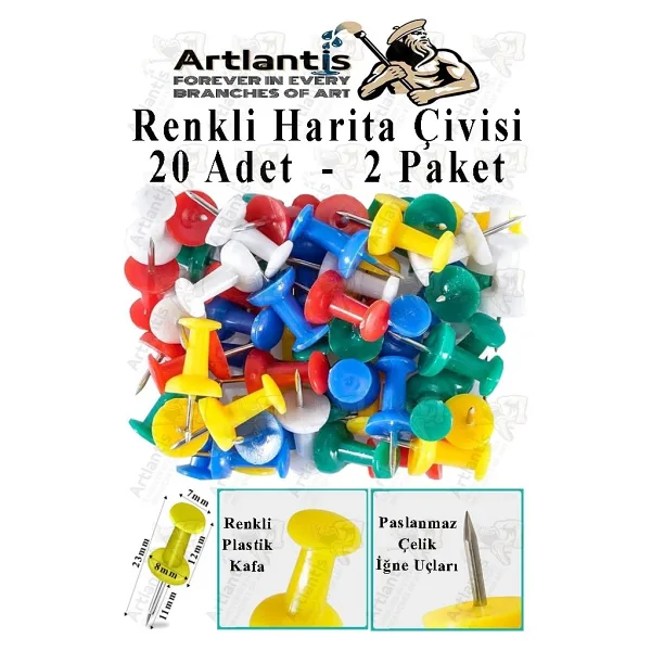 Harita Çivisi Renkli 20 li 2 Adet Renkli Plastik Mantar Pano Raptiyesi Pano İğnesi Ofis Okul Büro Renkli Harita Çivisi