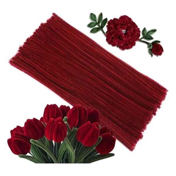 Hobialem 50 Adet Bordo Şönil, Çiçek Yapımına Uygun Bordo Renk Tüylü Tel, 30 cm 6mm