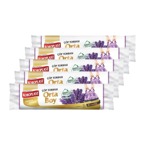 Koroplast Ekstra Güçlü Orta Boy Lavanta Kokulu Büzgülü Çöp Torbası 55X60CM - 15'li x 5 Adet Avantajlı