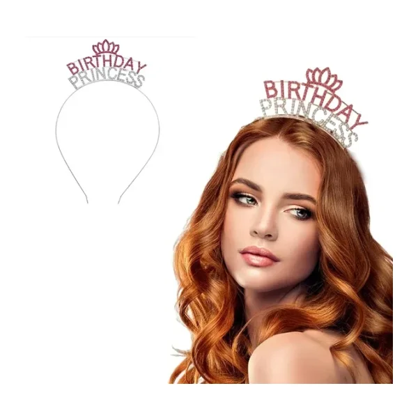 Kristal Taşlı Birthday Princess Yazılı Parti Tacı Pembe Renk