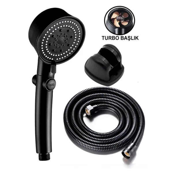 Kustar 3'lü Set Siyah 5 Fonksiyonlu Turbo Jet Pervaneli Duş Başlığı Örgülü Hortum Ve Askı