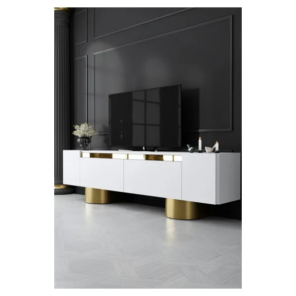 Modatte BOHEM GOLD METAL AYAKLI GOLD TASARIM BEYAZ TV ÜNİTESİ