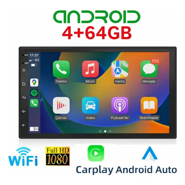 Naviactgo 7İNÇ 4GB RAM 64GB HAFIZA QLED FANLI PRO ANDROİD MULTİMEDYA CARPLAY TEYP