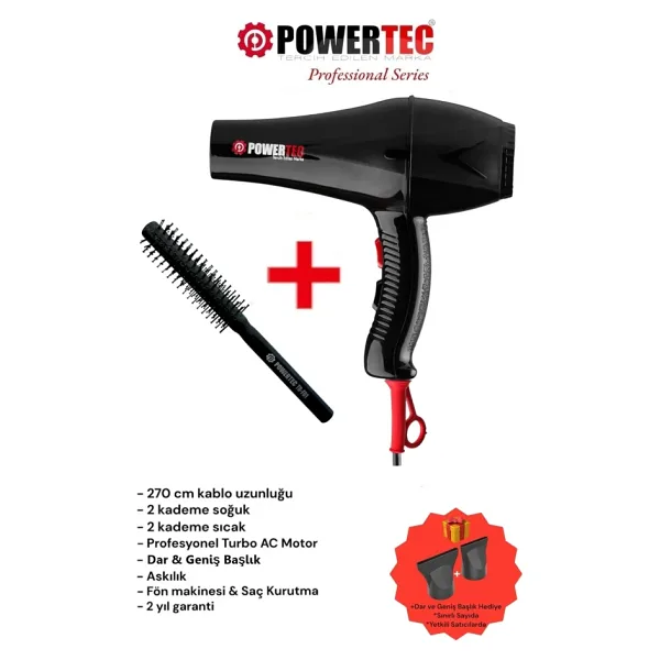 Powertec TR-901 2000 W Profesyonel Fön Makinesi + Berber Fön Fırçası