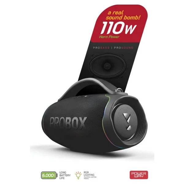 Powerway Probox 110W Güç USB Hafıza Kartı Aux Fm LED Işıklı Bluetooth Hoparlör Hi-Fi Ses Bombası - Siyah