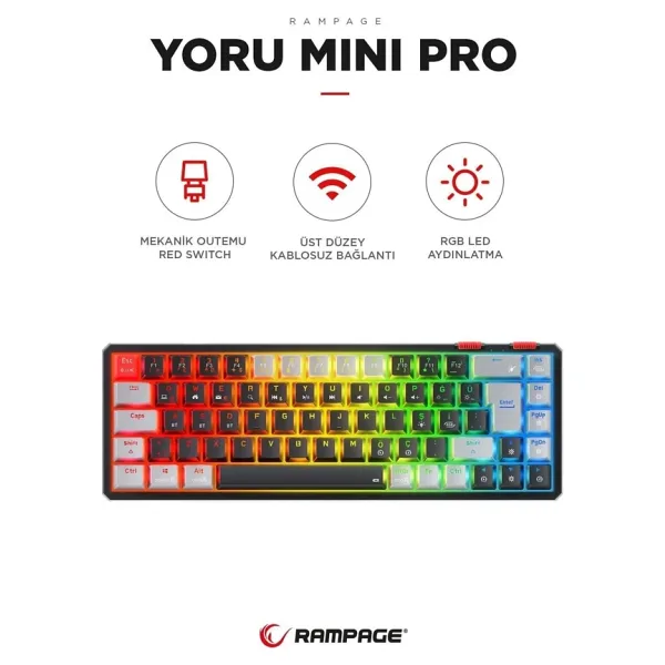 Rampage Yoru Mini Pro Siyah-Gri RGB TKL Red Switch Kablolu/Kablosuz Mekanik Oyuncu Klavyesi