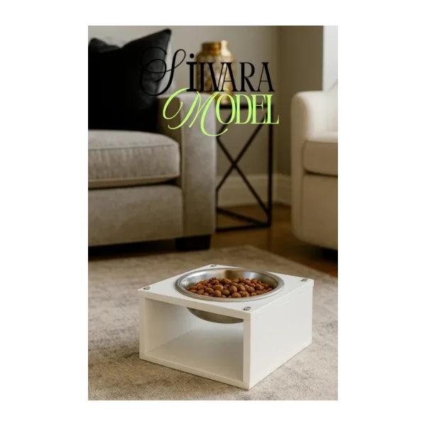 Reyo OK-AY Store Silvara Modern Ahşap Kedi ve Köpek Mama Standı Paslanmaz Çelik Kaseli Mama ve Su Kabı Beyaz