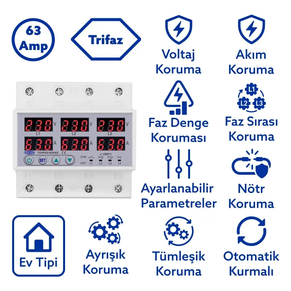 Tomzn Gerilim Ve Akım Koruma Rölesi Voltaj Koruyucu 63A 3 Fazlı - Ev Tipi - Ayrışık Faz Koruma