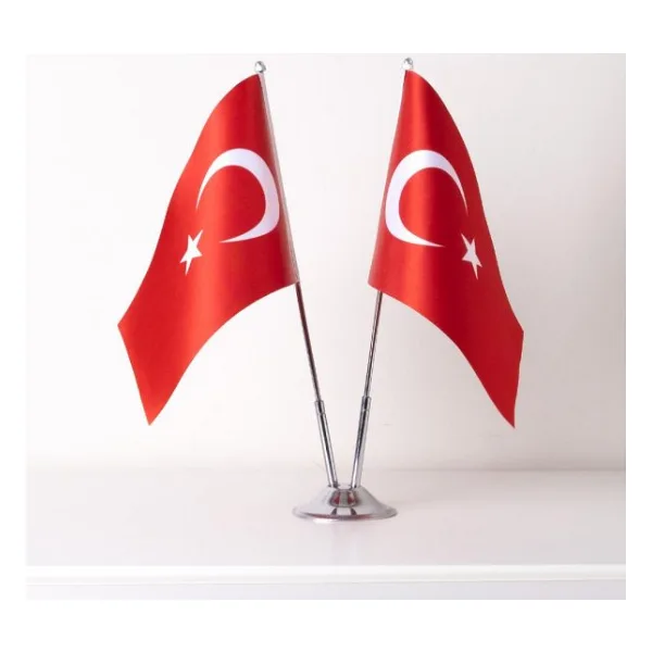 Türkiye 2li Masa Bayrağı Saten Kumaş Dijital Baskı 15x22,5 cm