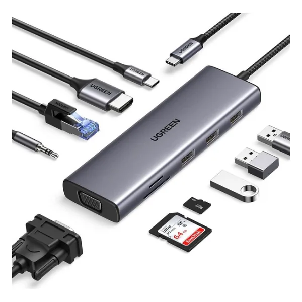 Ugreen Type-C to 3xUSB 3.0 4K/30Hz HDMI VGA Gigabit Ethernet Aux SD TF Kart Okuyucu Çoklayıcı Hub Adaptör