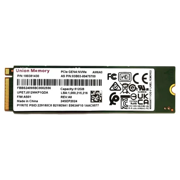 Union Memory AM6A0 512GB Pcie GEN4X4 3900-3100 Mb/s 2280 M.2 Nvme SSD Oem
