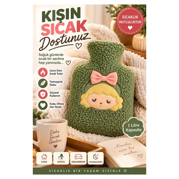 Yeşil Peluş Sıcak Su Torbası - Yumuşak, Güvenli ve Şık Saçlı Kız Model, 1 Litre