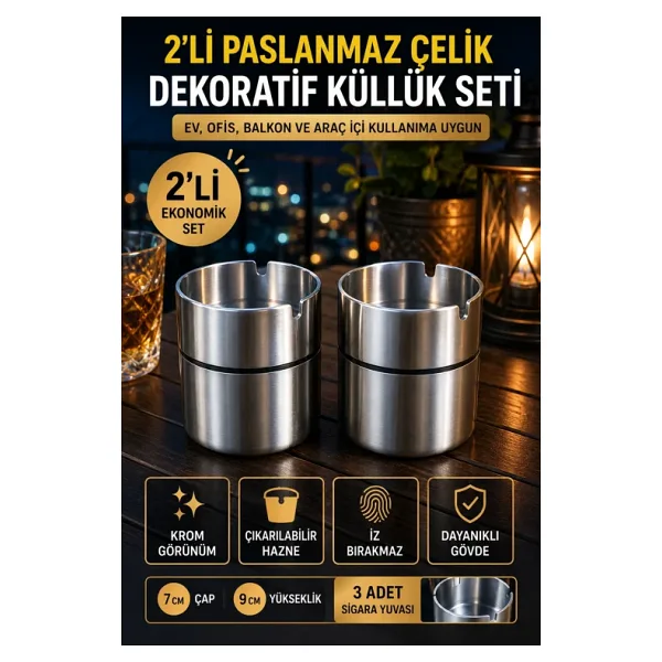 2'Li Set Paslanmaz Çelik Masa Tipi Küllük Dekoratif Krom Küllük Ev Ofis Araç İçi Kullanım 9 Cm