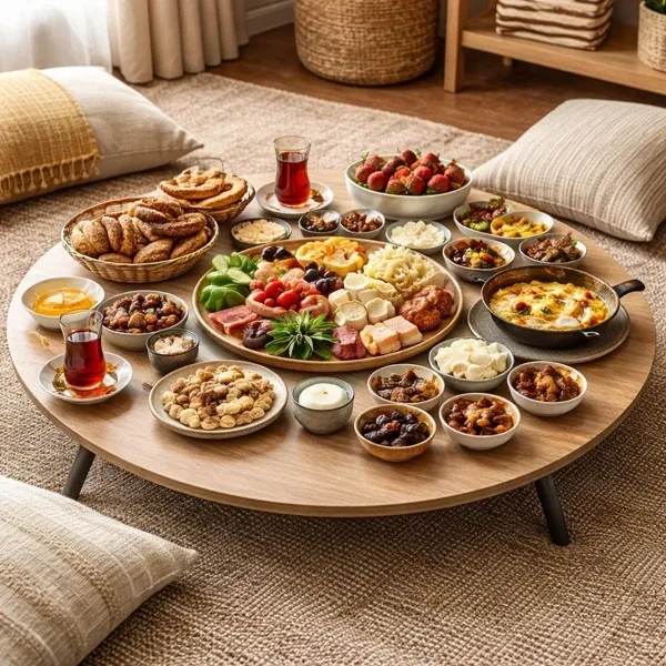 90 Cm Çap - Ahşap Kaplama Katlanabilir Yer Sofrası - Oyun Masası - 21 Cm Yükseklik