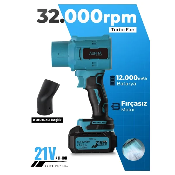AUHMA AHV-18 Şarjlı Turbo Fan Hava Üfleyici Mavi - 21V Kömürsüz Motor (Brushless) - 32.000 RPM Oto K