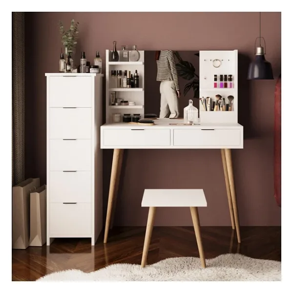Bimossa U4050 Bella Makyaj Masası Seti 5+2 Çekmeceli Dolaplı Tabureli Beyaz