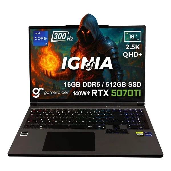 GameRaider IGNIA GR16 Intel Core i9-14900HX GeForce RTX 5070Ti 12GB 140W 16GB DDR5 512GB SSD 16 inç 2.5K QHD+ 300Hz FreeDos Gaming Laptop - Çanta Hediyeli