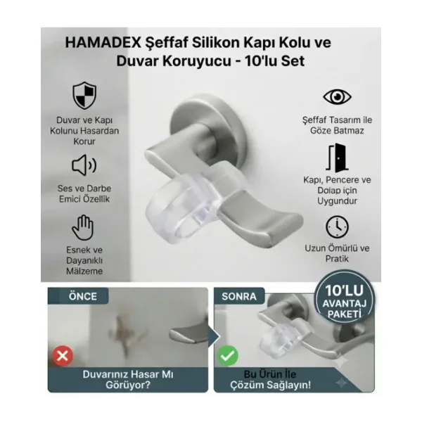 HAMADEX Silikon Şeffaf Plastik Kapi Kolu Tutucu Tutacagi Pencere Stoperi Durdurucu Esnek Plastik