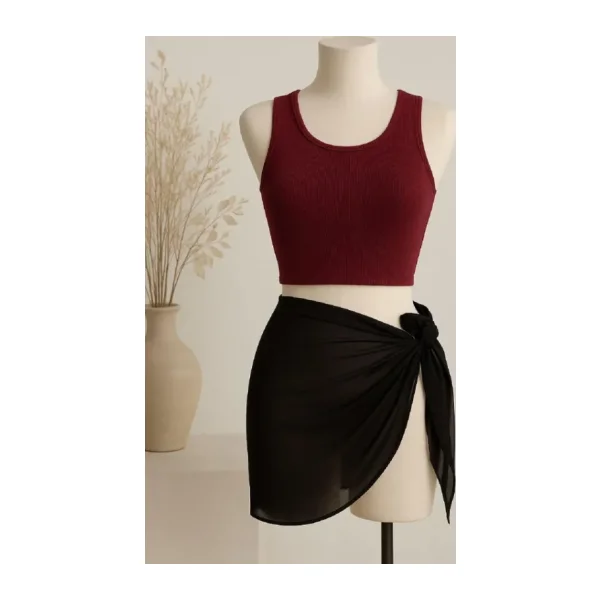 İntive lingerie-innocent&attractive Kadın Bordo Yuvarlak Yaka Crop ve Siyah Pareo 2'li Set