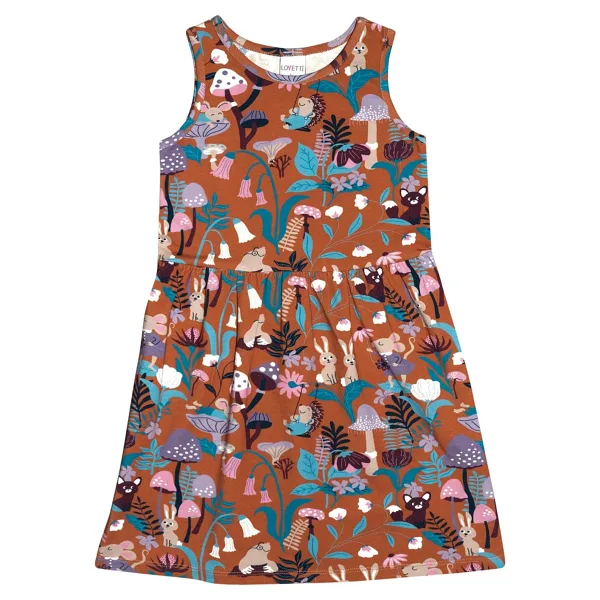 Kahverengi Forest Animals Kız Çocuk Desenli Kolsuz Elbise - 6 Yaş