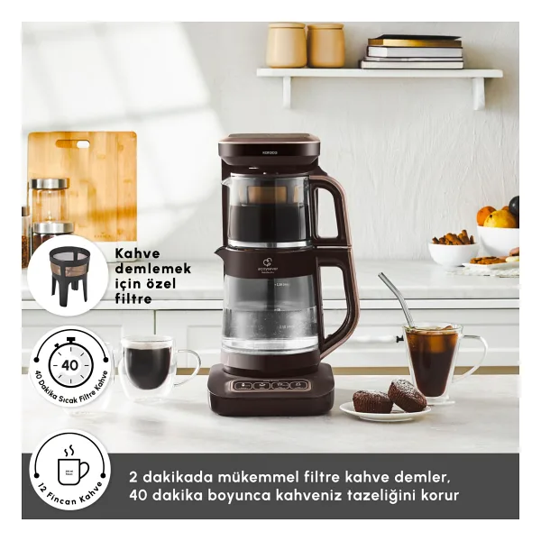 Karaca Çaysever Robotea Pro Connect 4in1 2500 W Walnut Brown Konuşan Cam Çay Makinesi