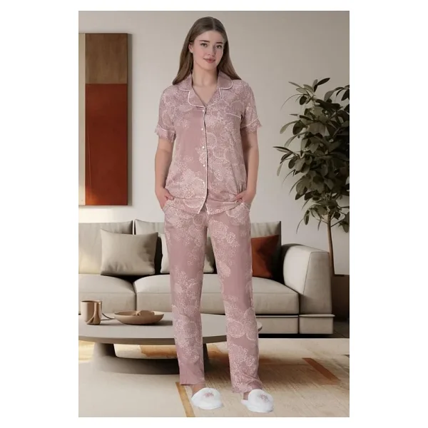 Mecit 6014 Pudra Çiçek Desenli Boydan Düğmeli Kadın Pijama Takımı