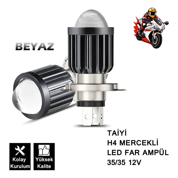 MOD10 TAİYİ MERCEKLİ LED MOTOSİKLET FAR AMPULÜ 12V H4 35/35W P43T ( BEYAZ ) 1 ADET