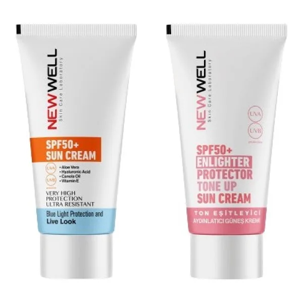 New Well Güneş Kremi Yüksek Koruma Spf 50+ Aloe Vera + New Well Yüksek Koruma Etkili SPF50 Pembe Yüz Güneş Kremi 50 Ml