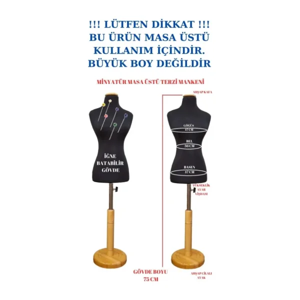 Okullar İçin 50 Eşelli Minyatür Terzi Mankeni Prova Mankeni - Siyah