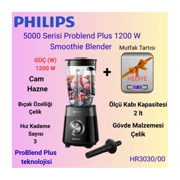 Philips 5000 Serisi Blender 1200W, Problend Plus Teknolojisi, 2 Lt Kapasiteli Cam Hazne, 3 Hız ve Darbe Özelliği - Siyah