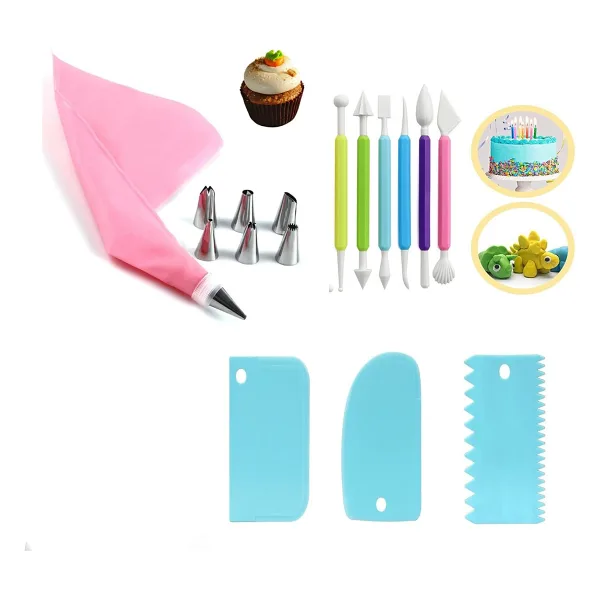 Profesyonel Pasta Süsleme Seti,18 Parça, Renkli Dekorasyon Marzipan Set Kalemi, Krema Sıkma Torbası, Spatula, Hamur Şekillendirici,Pasta Süsleme Araçları Trapez Spatula Pasta Aksesuarı Pasta Kiti