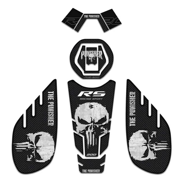 Redline Grafik Bajaj Pulsar RS 200 Siyah Karbon Punisher Edition Gidonlu Tank Pad Set