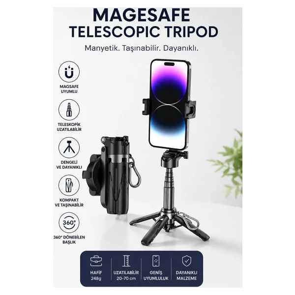 SAYMOND Magsafe Uyumlu Profesyonel Tripod 360 Döner Başlık Hafif Taşınabilir Vlog Seyahat Canlı Yayın Selfie