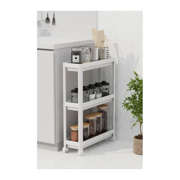 Slim 3 Katlı Tekerlekli Raf Ünitesi - Dar Alanlar İçin Mutfak & Banyo Organizer - Baharatlık & Havluluk Düzenleyici (BEYAZ)