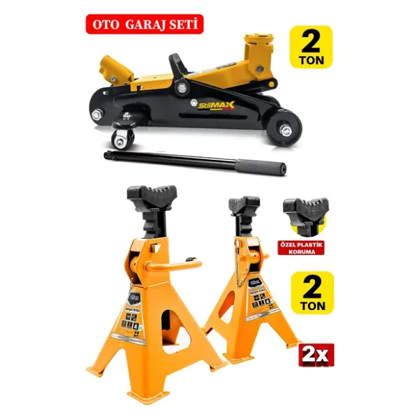 stilmax 2Ton/2000Kg Kapasite Tekerlekli Arabalı Hidrolik Kriko + 2Ton x2Adet Taşıma Sehpa Tip Kriko Standı