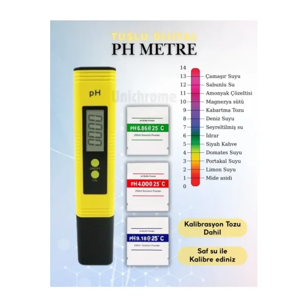 Unichrome Dijital Ph Metre / 0.01 Hassasiyetinde Su Sıvı Akvaryum Ph Ölçer Pil + Kap + 2 Adet Çözelti