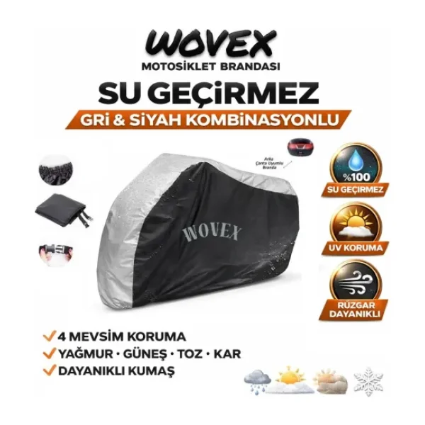 Wovex Mondial ile Uyumlu Fuzion 125 Motosiklet Brandası Gri-Siyah Kombinasyonlu Arka Çanta Uyumlu Motor Branda