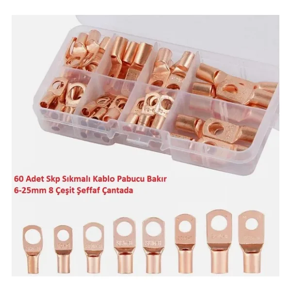 60 Adet Skp Sıkmalı Kablo Pabucu Bakır 6-25mm 8 Çeşit Şeffaf Çantada