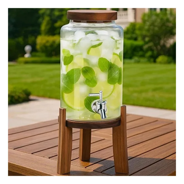 Akasya Standlı Cam Sebil 5L Musluklu Soğuk İçecek Dispenseri Limonata, Detoks Suyu, Meyve Aromaları