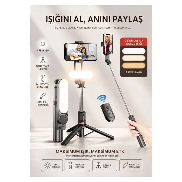 Asfal Işıklı 3 Renkli Uzaktan Kumandalı 110 Cm Tripod, Özçekim Ve Selfie Çubuğu Yatay Ve Dikey Kullanım