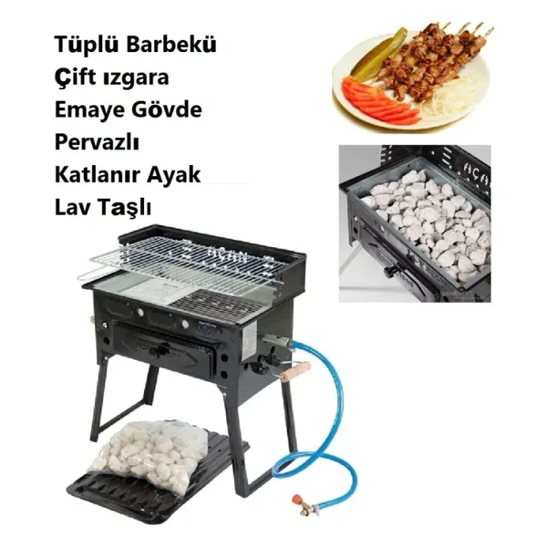 Depolife Emaye Pervazlı Tüplü Mangal Lav Taşlı Lpg Li Barbekü Çift Izgara Katlanır Ayaklı 30X48Cm