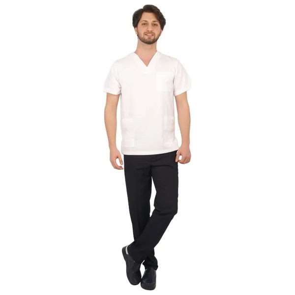 Emel Tekstil Doktor Hemşire Gold Alpaka Beyaz V Yaka Üst ve Lacivert Pantolon Takım Forma - 46