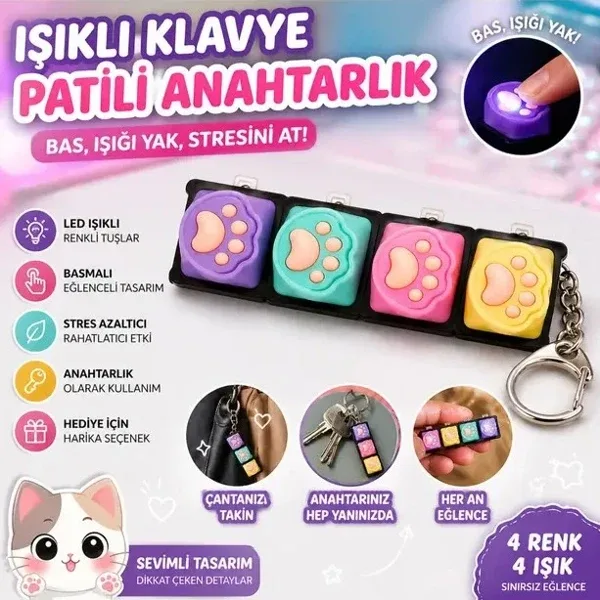 Işıklı Klavye Patili Oyuncak Stres Giderici Ses Çıkaran Işıklı Pilli Tuş Takımı Anahtarlık Oyunu