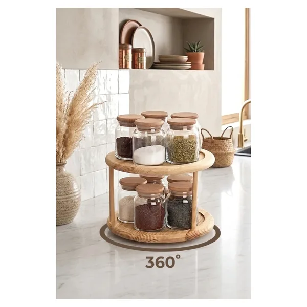 Kitchen Life 11 Parça Bambu Kapaklı Vakumlu Döner Bambu Standlı Etiketli Cam Baharatlık Seti Kavanoz